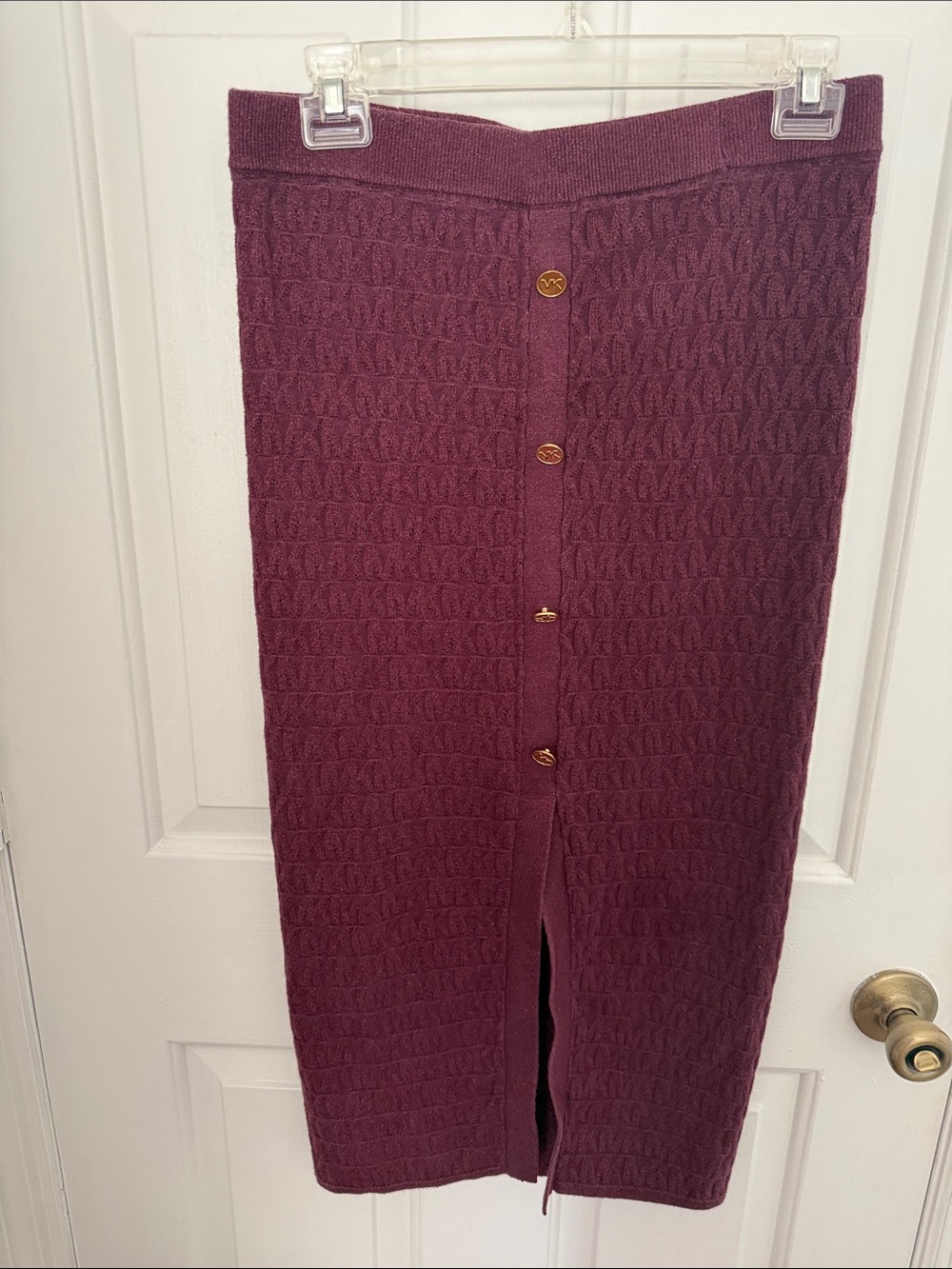 Michael Kors Wine Knit Button Decor-Front Pencil Skirt